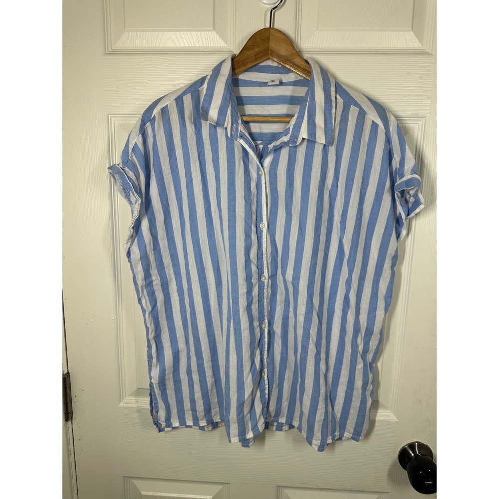 Old Navy Shirt Womens XL Blue Striped Button Down Short Sleeve Casual Top